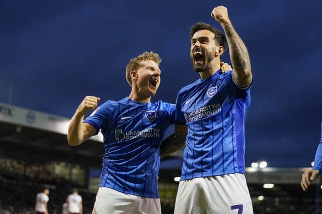 Matt Ritchie and Marlon Pack celebrate during Pompey's 3-0 win over Bristol City in December. Picture: Jason Brown/ProSportsImages