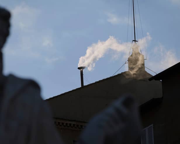 White smoke billows from the chimney of the Sistine Chapel where 133 cardinals are gathering on the second day of the conclave to elect a successor to late Pope Francis. Picture: AP Photo/Alessandra Tarantino
