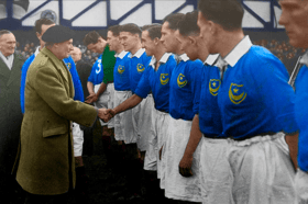 A colourised photograph of Pompey president Field Marshall Montgomery at the club's Golden Jubilee match in November 1948, which saw Arsenal beaten 4-1.