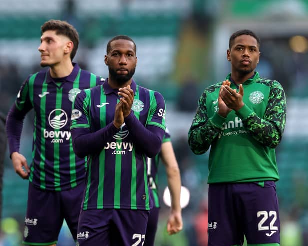 Nectar Triantis, left, alongside Hibs team-mates Junior Hoilett and Nathan Moriah-Welsh