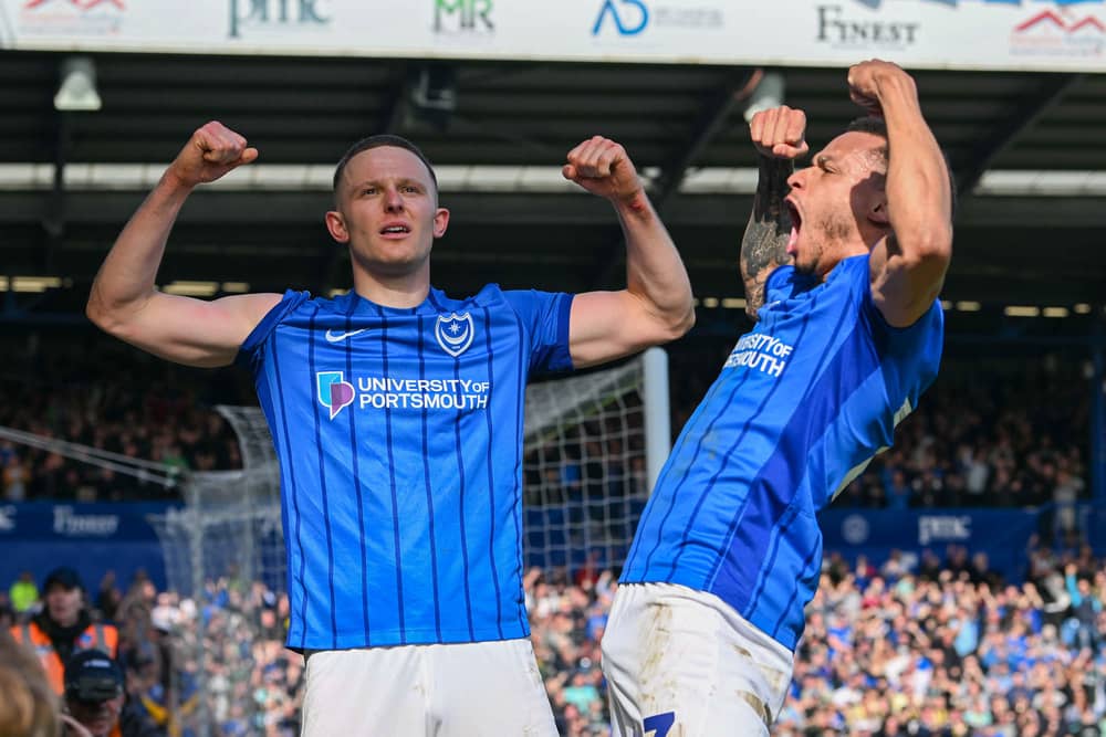 Colby Bishop and Josh Murphy celebrate Pompey’s win against Leeds United