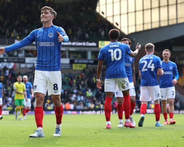 Freddie Potts celebrates in front of the Pompey fans at Carrow Road after the Blues thumped the Canaries 5-3 on Good Friday
