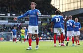 Freddie Potts celebrates in front of the Pompey fans at Carrow Road after the Blues thumped the Canaries 5-3 on Good Friday