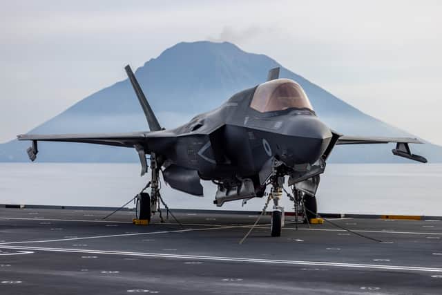 Pictured: F-35 Lightning jets in front of Stromboli Island Volcano, in the South of Italy. On 4 May 2025, HMS Prince of Wales transited through the Strait of Messina, the narrow strait between Sicily and Calabria in Southern Italy, followed by its escorts.