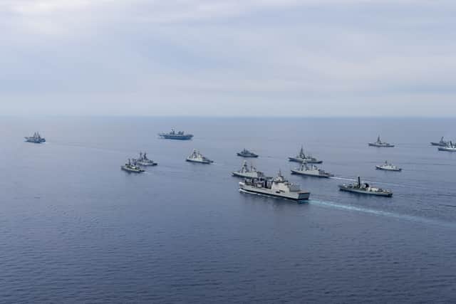 Pictured: NATO ships participating in Exercise Med Strike form up for a group photograph as Exercise Med Strike comes to an end, May 2025. HMS Prince of Wales and ITS Cavour are at the centre of the exercise.