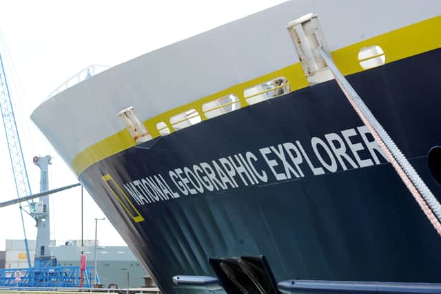 National Geographic Explorer cruise ship operated by Lindblad at Portsmouth International Port on Tuesday, May 13, 2025.