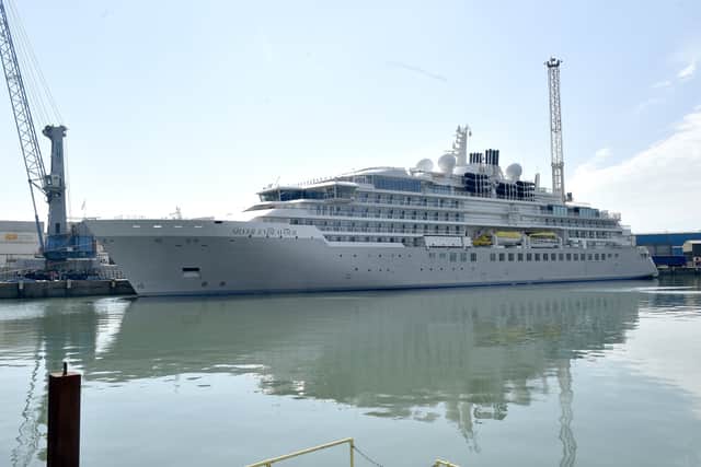 Silver Endeavour cruise ship operated by Silver Seas at Portsmouth International Port on Tuesday, May 13, 2025.