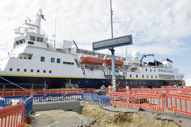 National Geographic Explorer cruise ship operated by Lindblad at Portsmouth International Port on Tuesday, May 13, 2025.