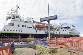 National Geographic Explorer cruise ship operated by Lindblad at Portsmouth International Port on Tuesday, May 13, 2025.