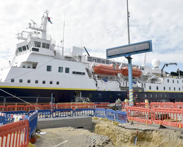 National Geographic Explorer cruise ship operated by Lindblad at Portsmouth International Port on Tuesday, May 13, 2025.