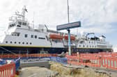 National Geographic Explorer cruise ship operated by Lindblad at Portsmouth International Port on Tuesday, May 13, 2025.