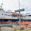 National Geographic Explorer cruise ship operated by Lindblad at Portsmouth International Port on Tuesday, May 13, 2025.