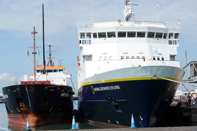 National Geographic Explorer cruise ship operated by Lindblad at Portsmouth International Port on Tuesday, May 13, 2025.