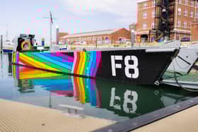 Falklands War ship Landing Craft F8 has been wrapped in the LGBTQ+ Pride colours.