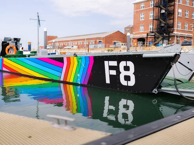Falklands War ship Landing Craft F8 has been wrapped in the LGBTQ+ Pride colours.