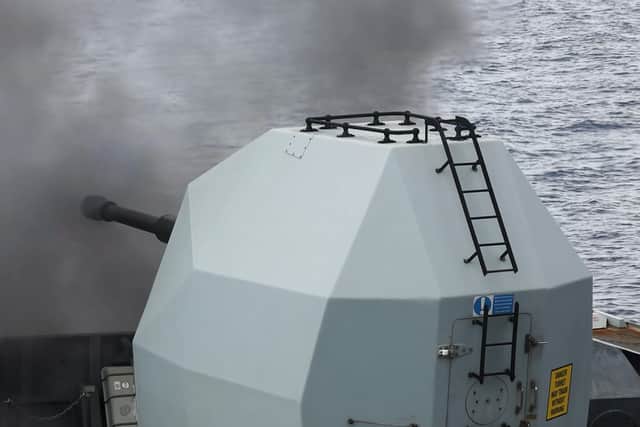 HMS Richmond opening fire on targets during Exercise Mediterranean Strike. HMS Prince of Wales is leading the UK Carrier Strike Group during Operation Highmast.