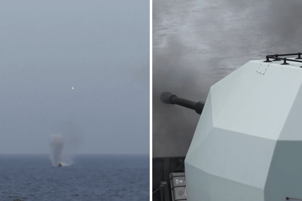 HMS Richmond opening fire on targets during Exercise Mediterranean Strike. HMS Prince of Wales is leading the UK Carrier Strike Group during Operation Highmast.