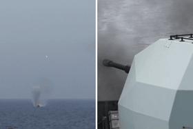 HMS Richmond opening fire on targets during Exercise Mediterranean Strike. HMS Prince of Wales is leading the UK Carrier Strike Group during Operation Highmast.