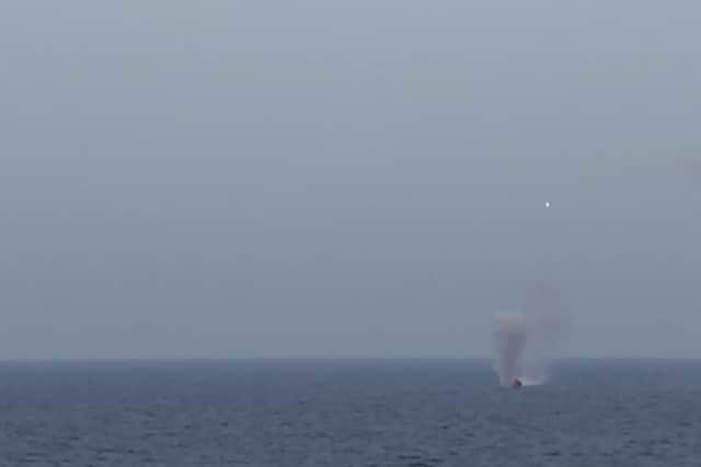 HMS Richmond opening fire on targets during Exercise Mediterranean Strike. HMS Prince of Wales is leading the UK Carrier Strike Group during Operation Highmast.