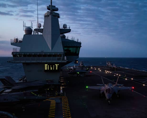 Pictured: The flight deck of HMS Prince of Wales during night flying operations for Exercise Med Strike during Operation Highmast as part of the UK Carrier Strike Group 2025.