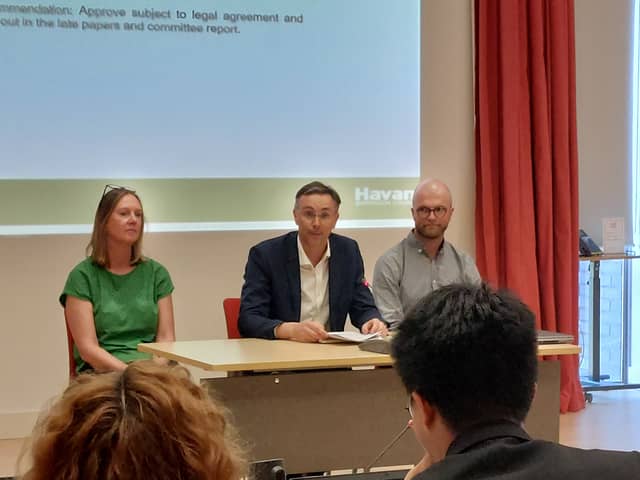 Portsmouth Water representatives at Havant Borough Council planning committee's meeting to approve its dual pipeline. Seated centre is Ruari Maybank, Havant Thicket Reservoir project director