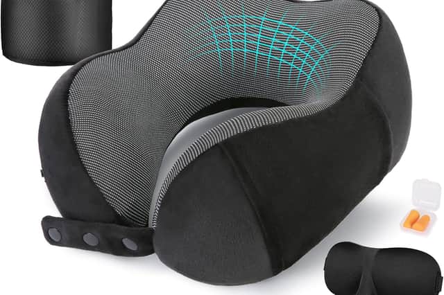 Soft memory foam neck pillow with carry pouch, sleep mask and earplugs