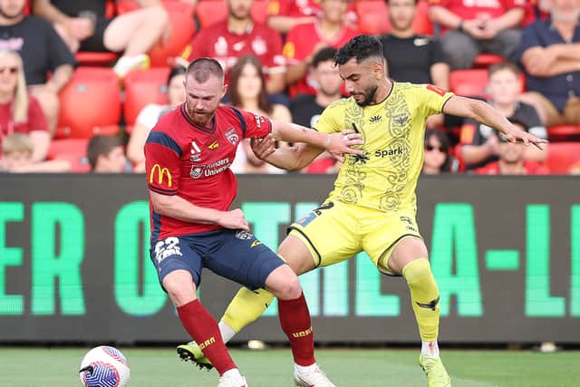 Ryan Tunnicliffe in action for Adelaide v Wellington Phoenix in January 2024