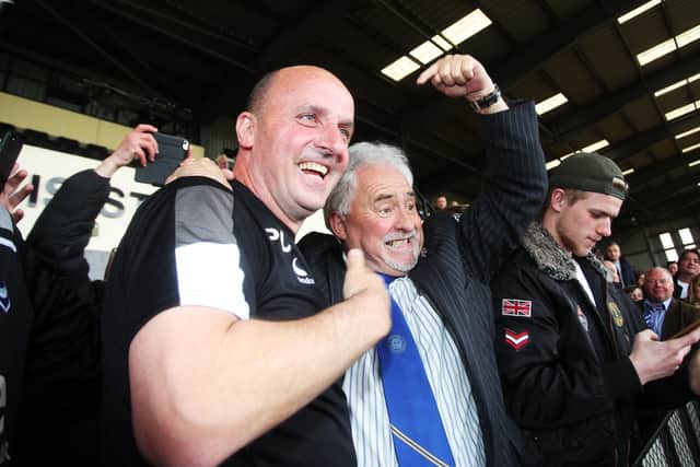 Paul Cook celebrates Pompey's promotion to League One at Notts County in 2017 with then Pompey chairman Iain McInnes