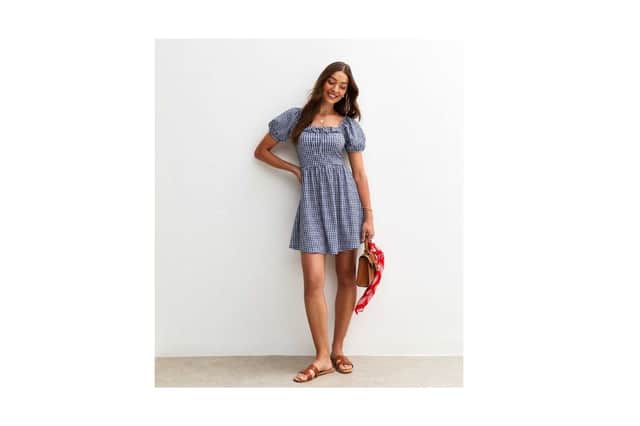 New Look Blue Gingham Print Crinkle Jersey Milkmaid Mini Dress £19.99