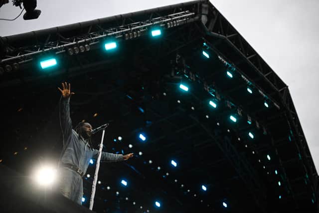 Nigerian singer Burna Boy performs on the pyramid stage on the fifth day of the Glastonbury festival at Worthy Farm in the village of Pilton in Somerset, southwest England, on June 30, 2024.