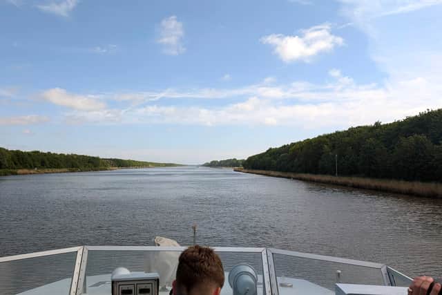 A view of the Kiel Canal from HMS Smiter's bridge