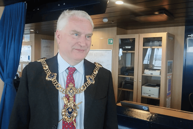 New Lord Mayor Gerald Vernon-Jackson aboard the luxury cruise ship SH Diana at Portsmouth International Port, owned by Portsmouth City Council. He said Portsmouth's local economy is thriving compared to city rivals Southampton.