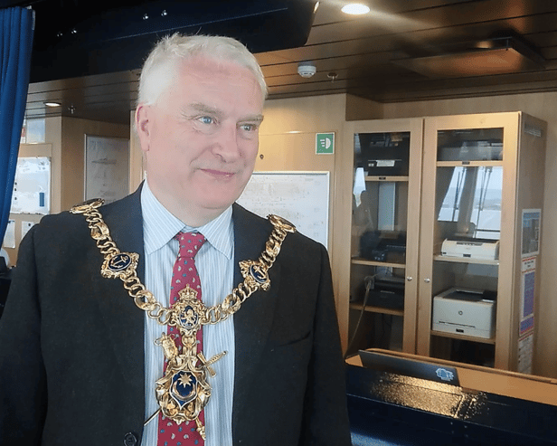 New Lord Mayor Gerald Vernon-Jackson aboard the luxury cruise ship SH Diana at Portsmouth International Port, owned by Portsmouth City Council. He said Portsmouth's local economy is thriving compared to city rivals Southampton.