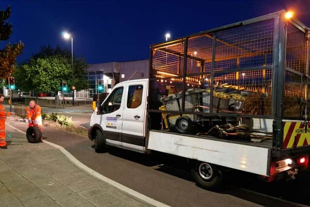Workers at the scene of the Fratton Way crash