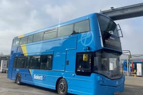 A new 'repower' electric bus at the First Bus depot in Hoeford