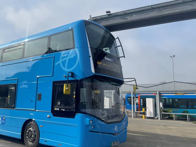 A new 'repower' electric bus at the First Bus depot in Hoeford