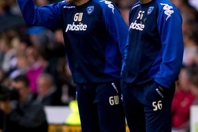 Stuart Gray, right, alongside Guy Whittingham on the Pompey touchline