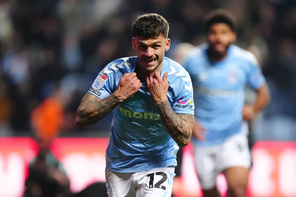 Coventry City's Jamie Paterson celebrates scoring his side's Pompey winner. Pic: PA