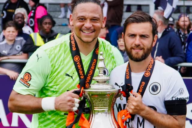 Buckland lad and ex-Pompey youth-team player Nathan Ashmore celebrates winning the National League South play-off final in May 2025. Picture: Boreham Wood Football Club