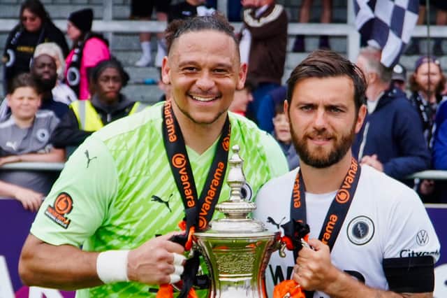 Buckland lad and ex-Pompey youth-team player Nathan Ashmore celebrates winning the National League South play-off final. Picture: Boreham Wood Football Club