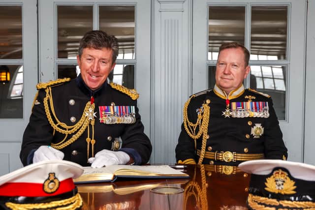 First Sea Lord to General Sir Gwyn Jenkins KCB OBE ADC RM with The Second Sea Lord, Vice Admiral Martin Connell RN on board HMS Victory. General Gwyn has become the new boss of the Royal Navy.