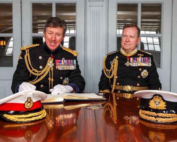 Pictured: Historic handover of First Sea Lord to General Sir Gwyn Jenkins KCB OBE ADC RM with The Second Sea Lord, Vice Admiral Martin Connell RN on board HMS Victory. General Gwyn has become the new boss of the Royal Navy.
