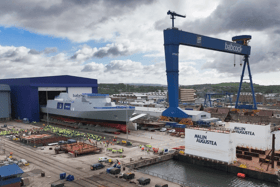 HMS Venturer, Type 31 frigate, being unveiled to the public and taken out of the Babcock assembly hall. She will be based in Portsmouth.