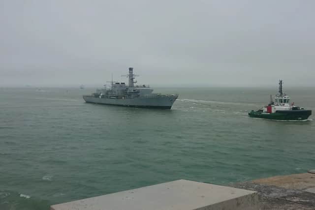 HMS Northumberland being towed into Portsmouth on May 29. Defence secretary John Healey announced she was to be decommissioned due to being uneconomical to repair.
