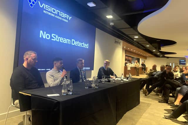 Rich Hughes (left), John Mousinho and Andy Cullen attended the Portsmouth Supporters' Club AGM in November 2024