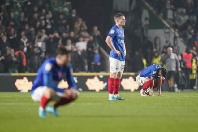 Pompey's players were gutted following November's late 1-0 defeat at Plymouth. It was also the lowest point of Rich Hughes' season. Picture: Jason Brown/ProSportsImages