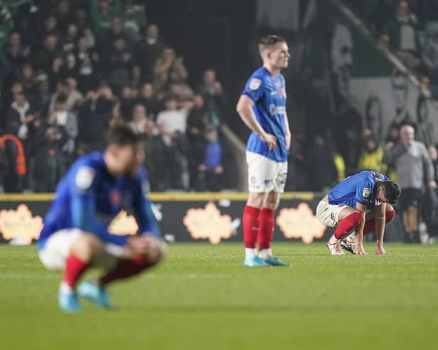 Pompey's players were gutted following November's late 1-0 defeat at Plymouth. It was also the lowest point of Rich Hughes' season. Picture: Jason Brown/ProSportsImages