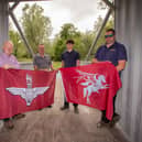Martin Bazeley BEM - Chairman of Southwick Revival, Graham Ring - Volunteer, Lenny Ring and Barry Ring - bridge engineers next to the replica of Pegasus Bridge at Southwick