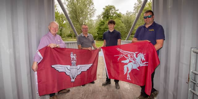 Martin Bazeley BEM - Chairman of Southwick Revival, Graham Ring - Volunteer, Lenny Ring and Barry Ring - bridge engineers next to the replica of Pegasus Bridge at Southwick