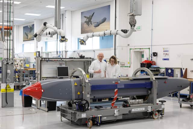 New factories will be built to produce long-range weapons for the Royal Navy, Army and RAF. Pictured:  Louise Holmes, MBDA UK Deputy Managing Director, shows Mr Healey a storm shadow missile on an assembly line at the MBDA Storm Shadow factory on May 31, 2025 in Stevenage, England.